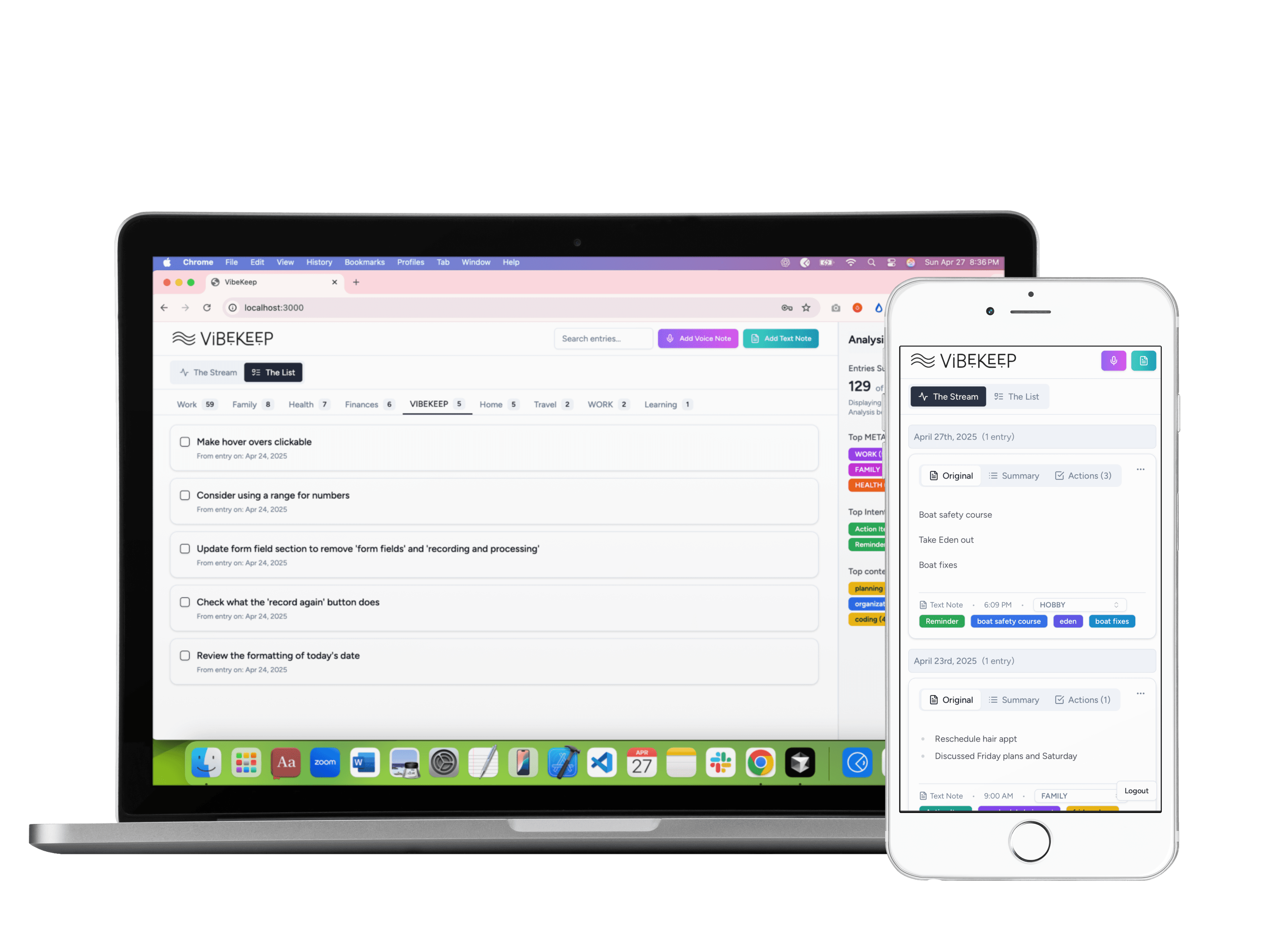 VibeKeep app interface on desktop and mobile
